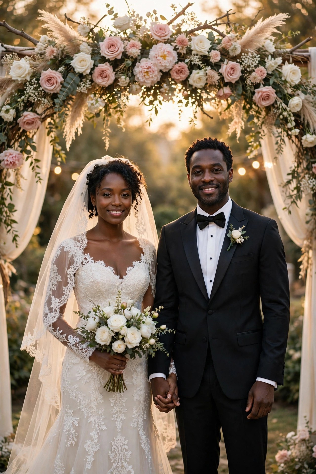 Amara and James beneath a floral arch